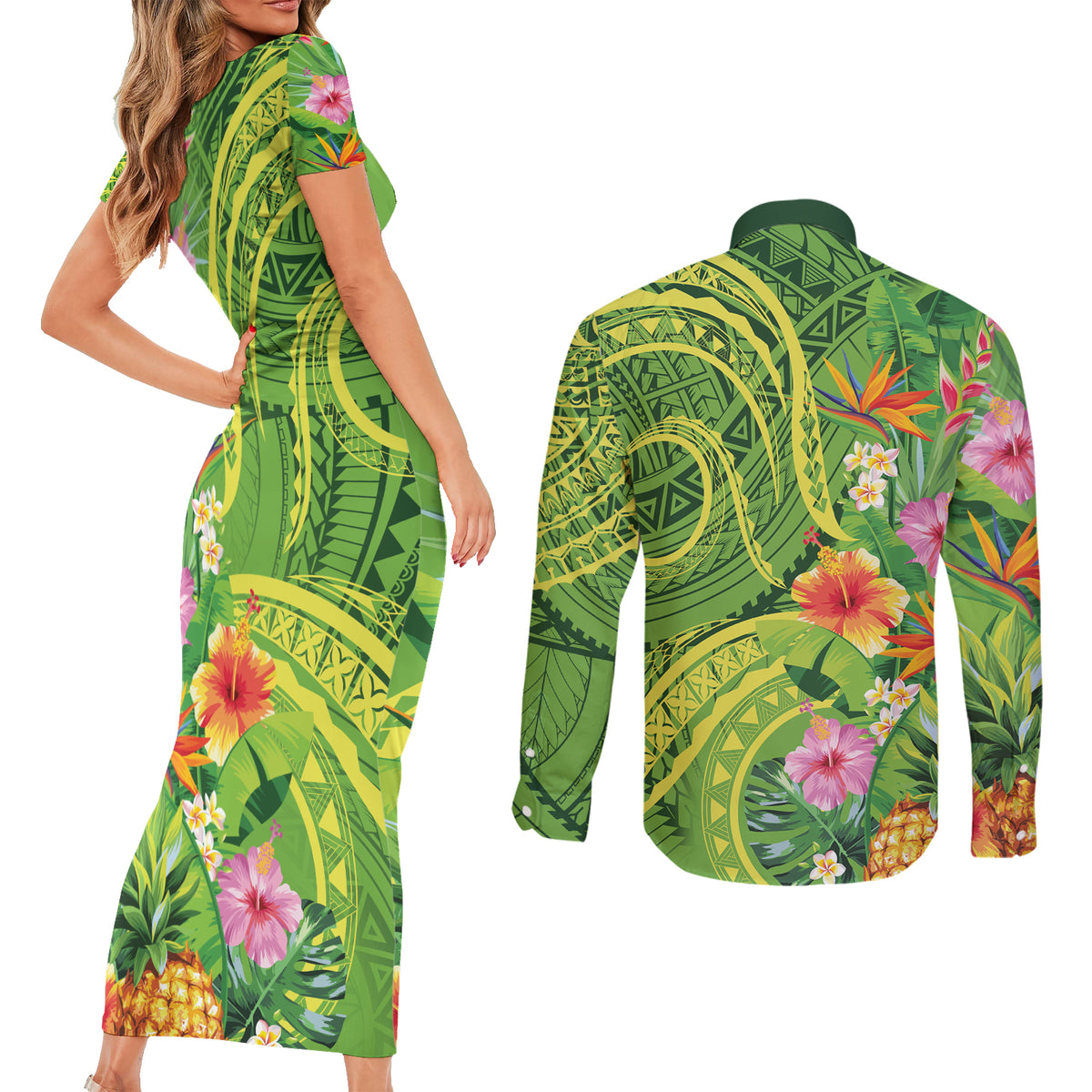 Polynesian Tribal Flower Tattoo Couples Matching Short Sleeve Bodycon Dress and Long Sleeve Button Shirt Special Lime Green Vibe