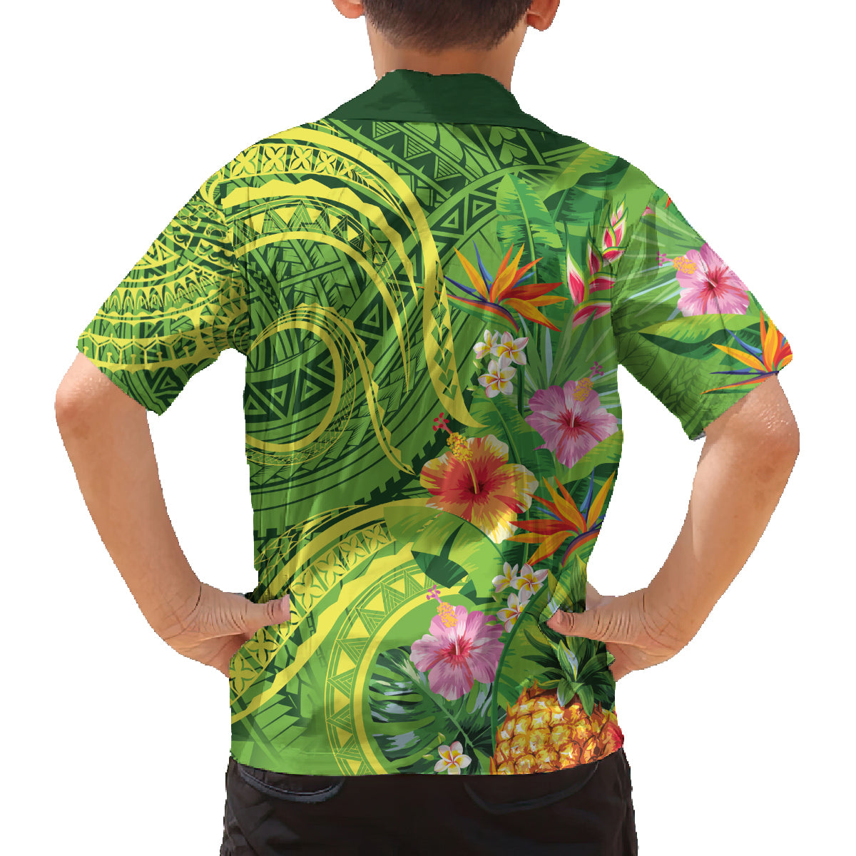 Polynesian Tribal Flower Tattoo Family Matching Long Sleeve Bodycon Dress and Hawaiian Shirt Special Lime Green Vibe
