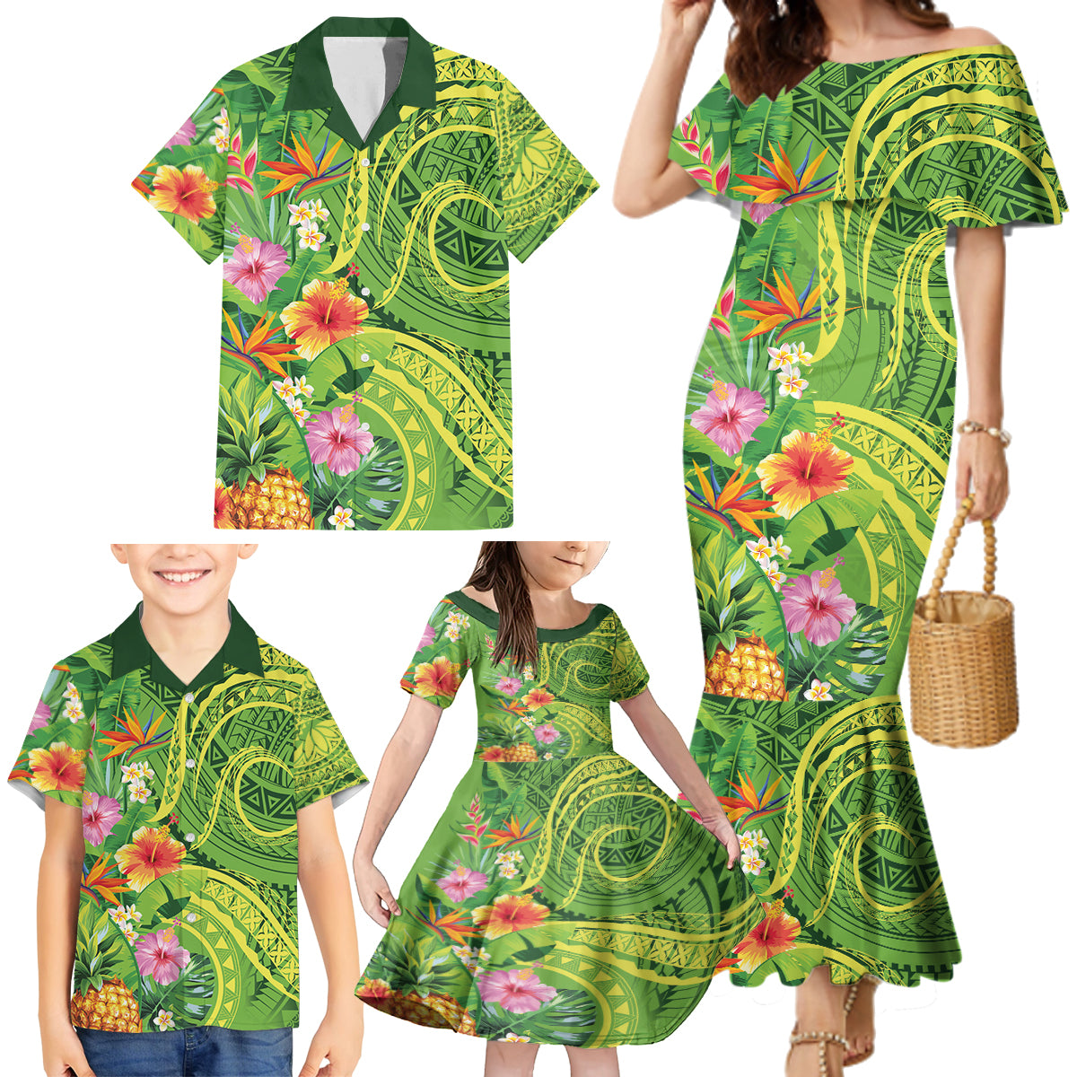 Polynesian Tribal Flower Tattoo Family Matching Mermaid Dress and Hawaiian Shirt Special Lime Green Vibe