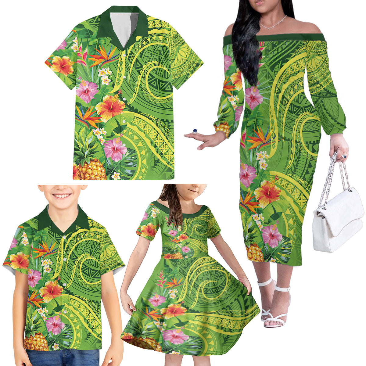 Polynesian Tribal Flower Tattoo Family Matching Off The Shoulder Long Sleeve Dress and Hawaiian Shirt Special Lime Green Vibe