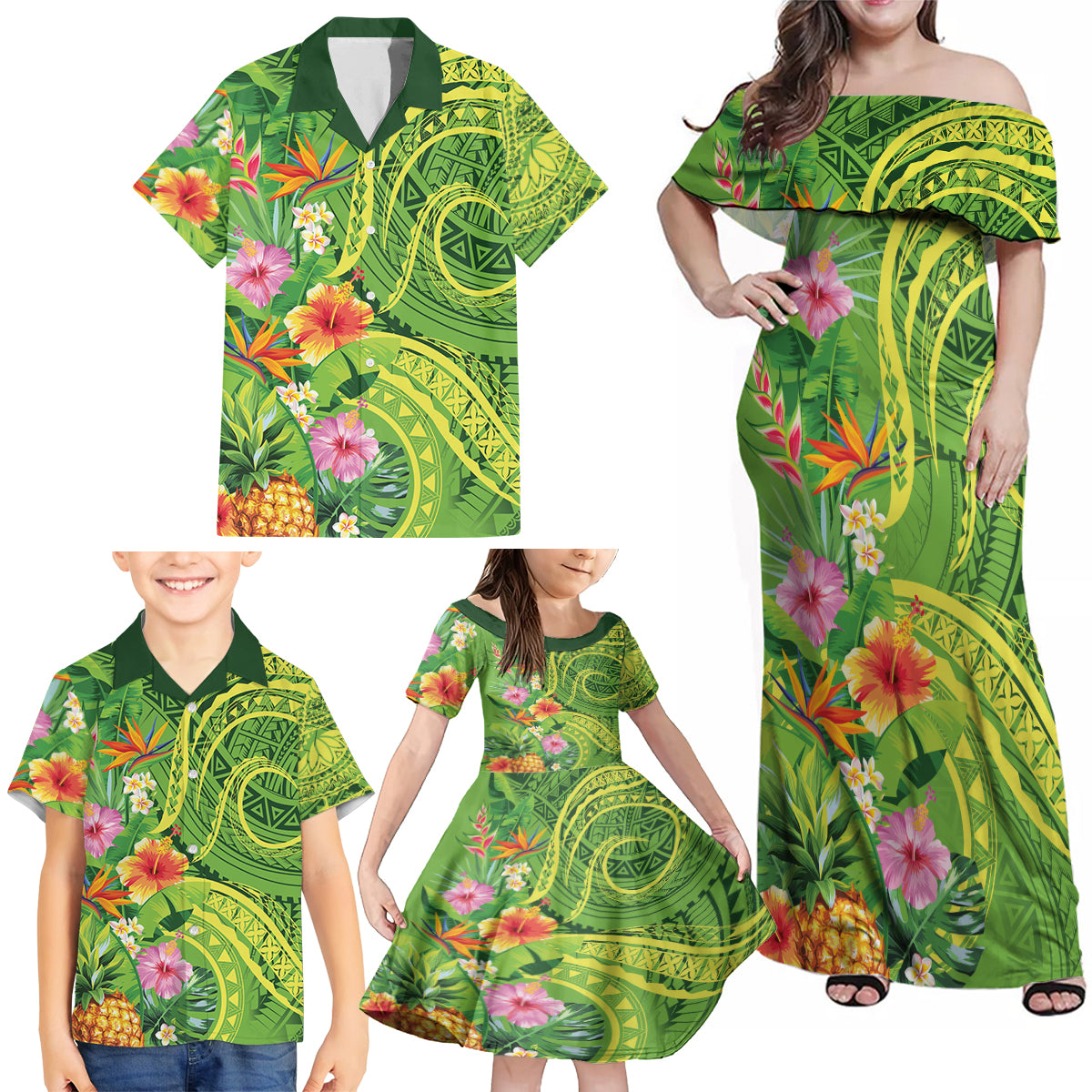 Polynesian Tribal Flower Tattoo Family Matching Off Shoulder Maxi Dress and Hawaiian Shirt Special Lime Green Vibe