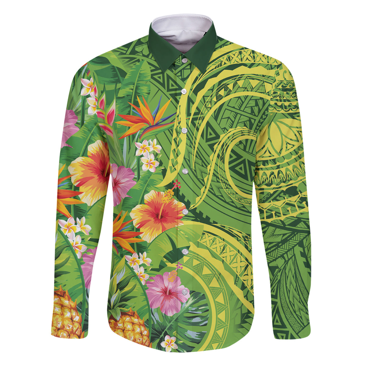 Polynesian Tribal Flower Tattoo Family Matching Off Shoulder Maxi Dress and Hawaiian Shirt Special Lime Green Vibe
