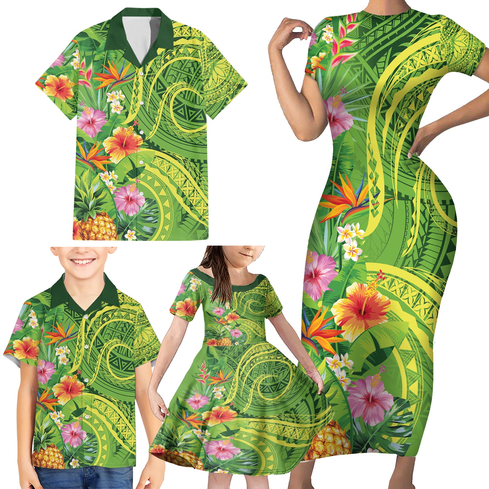 Polynesian Tribal Flower Tattoo Family Matching Short Sleeve Bodycon Dress and Hawaiian Shirt Special Lime Green Vibe