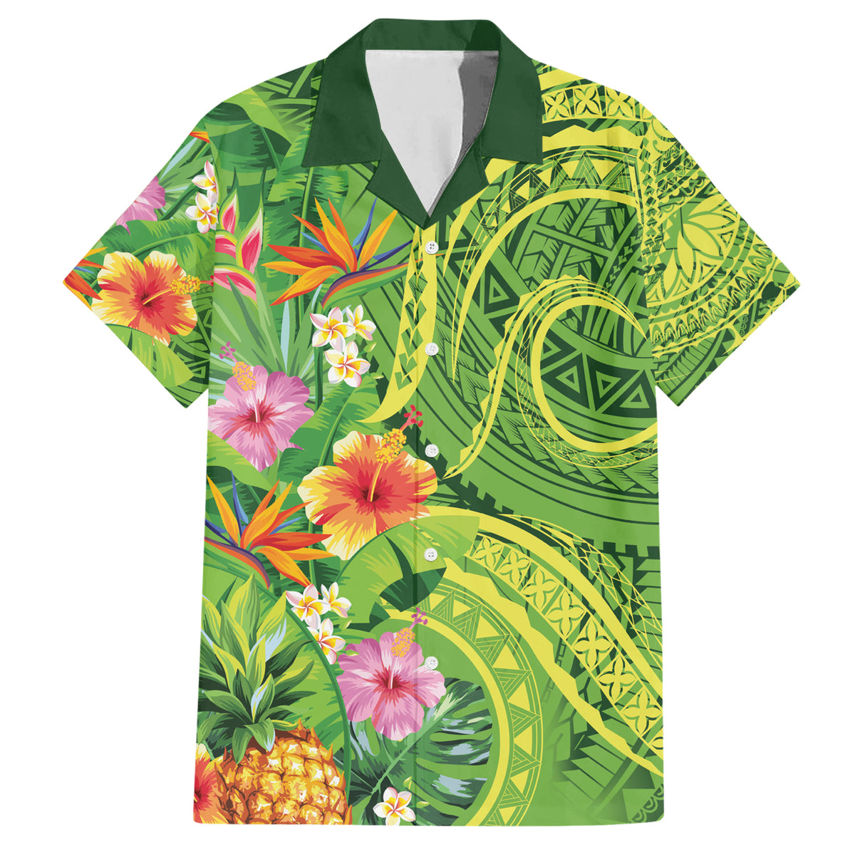 Polynesian Tribal Flower Tattoo Family Matching Short Sleeve Bodycon Dress and Hawaiian Shirt Special Lime Green Vibe
