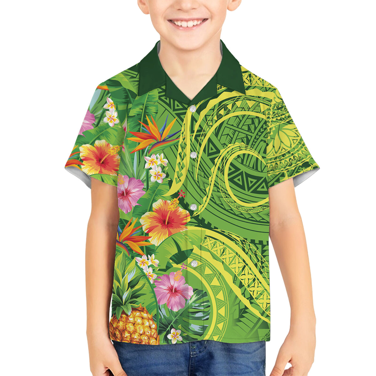 Polynesian Tribal Flower Tattoo Family Matching Tank Maxi Dress and Hawaiian Shirt Special Lime Green Vibe