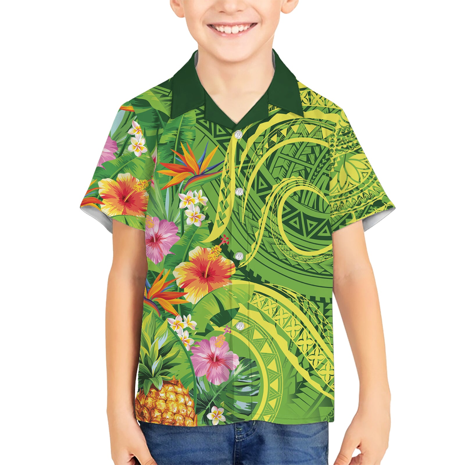 Polynesian Tribal Flower Tattoo Kid Hawaiian Shirt Special Lime Green Vibe