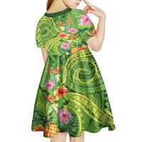 Polynesian Tribal Flower Tattoo Kid Short Sleeve Dress Special Lime Green Vibe