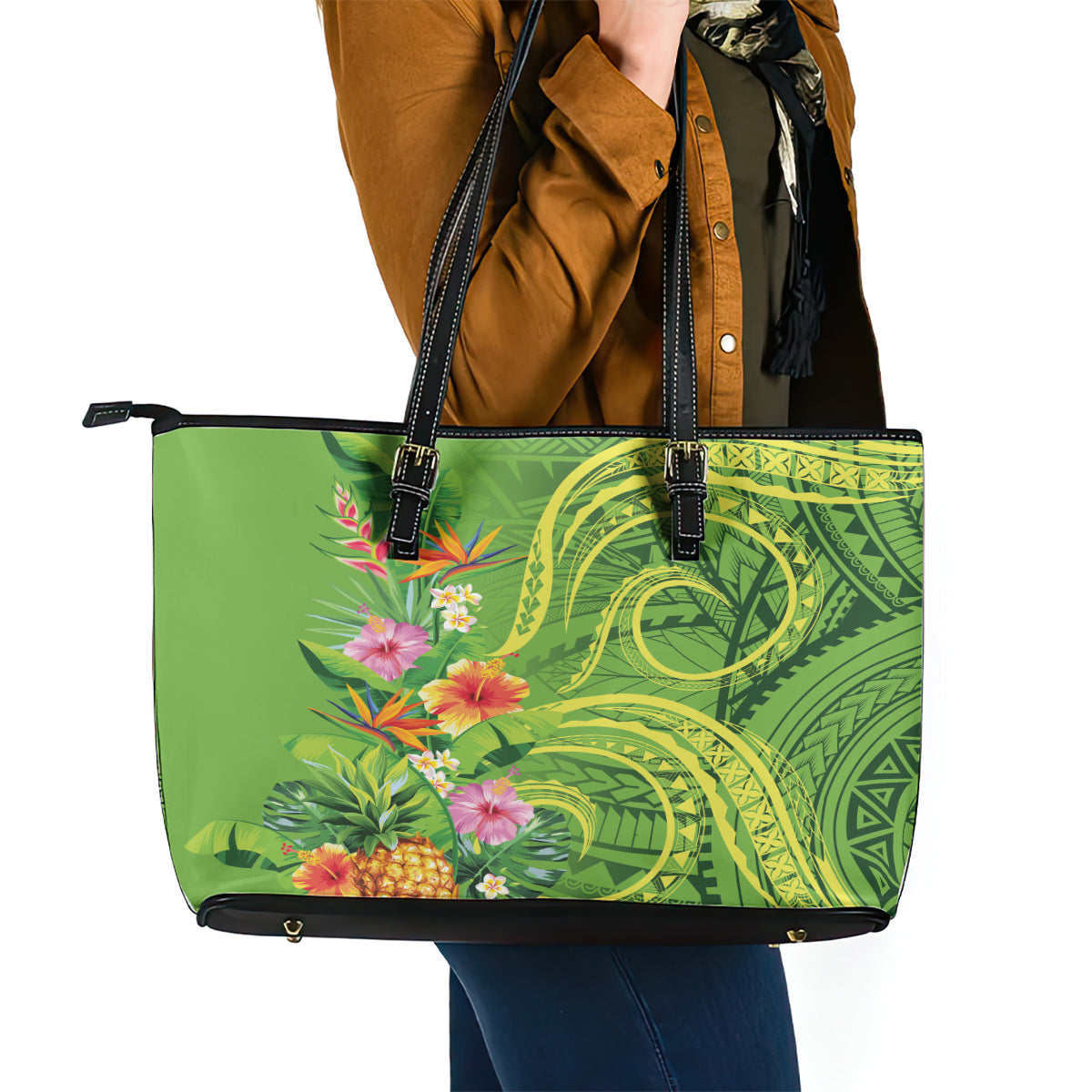 Polynesian Tribal Flower Tattoo Leather Tote Bag Special Lime Green Vibe LT9 - Polynesian Pride