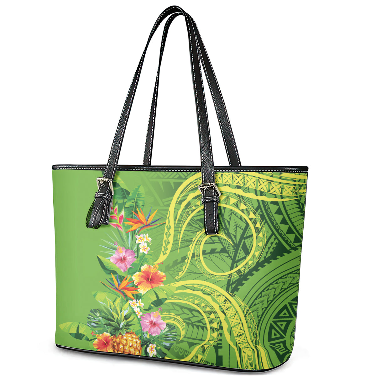Polynesian Tribal Flower Tattoo Leather Tote Bag Special Lime Green Vibe LT9 - Polynesian Pride