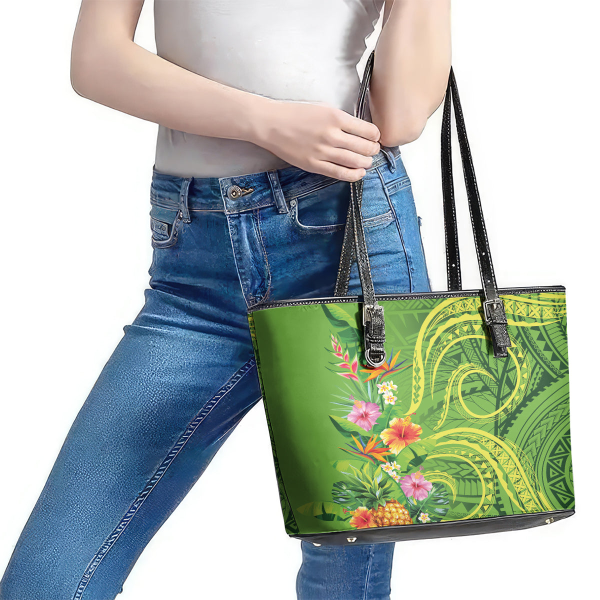 Polynesian Tribal Flower Tattoo Leather Tote Bag Special Lime Green Vibe LT9 - Polynesian Pride