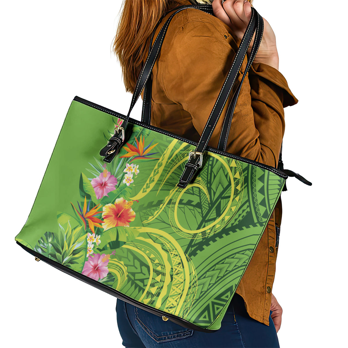 Polynesian Tribal Flower Tattoo Leather Tote Bag Special Lime Green Vibe LT9 - Polynesian Pride