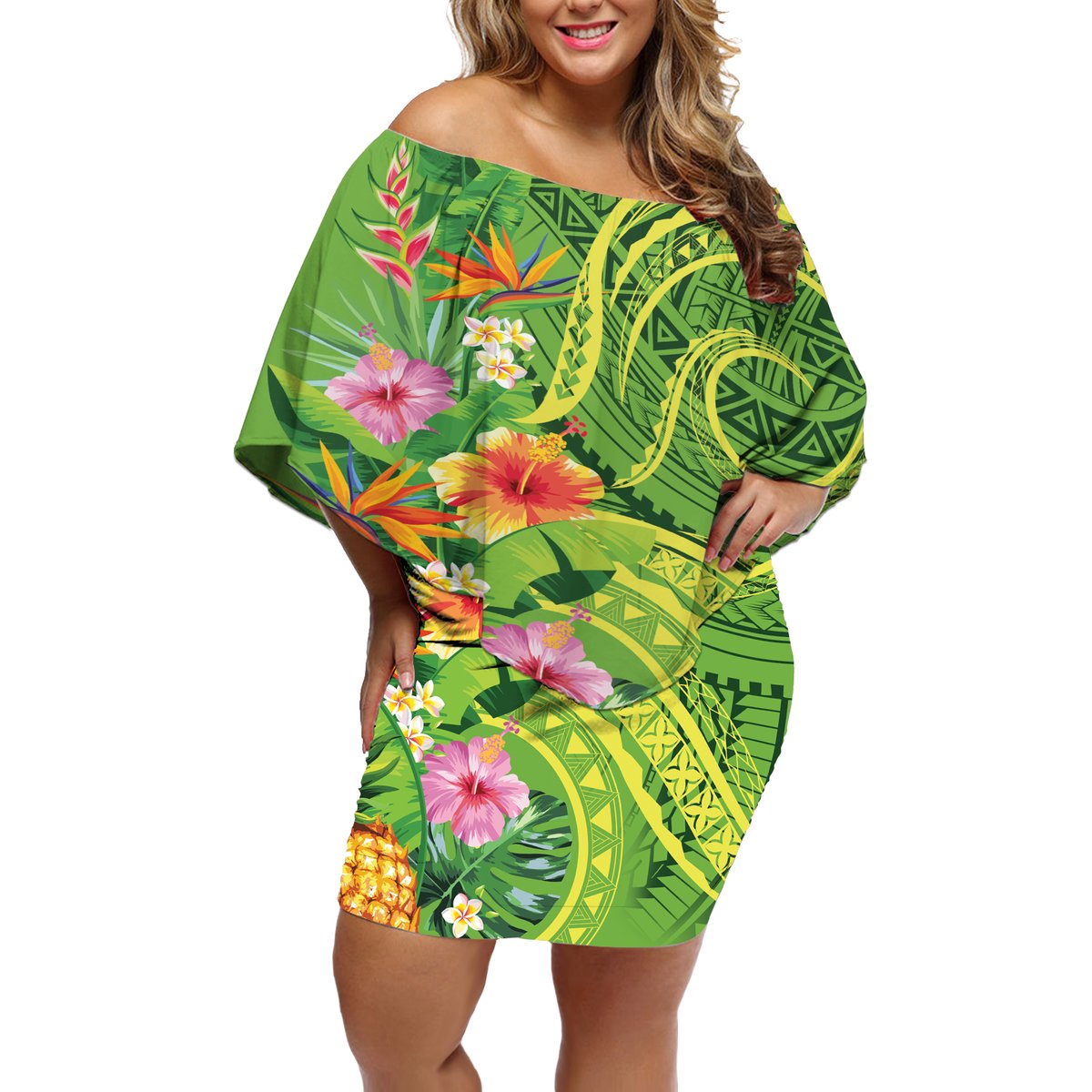 Polynesian Tribal Flower Tattoo Off Shoulder Short Dress Special Lime Green Vibe LT9 Women Lime Green - Polynesian Pride