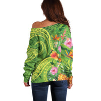 Polynesian Tribal Flower Tattoo Off Shoulder Sweater Special Lime Green Vibe