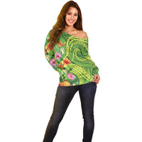 Polynesian Tribal Flower Tattoo Off Shoulder Sweater Special Lime Green Vibe