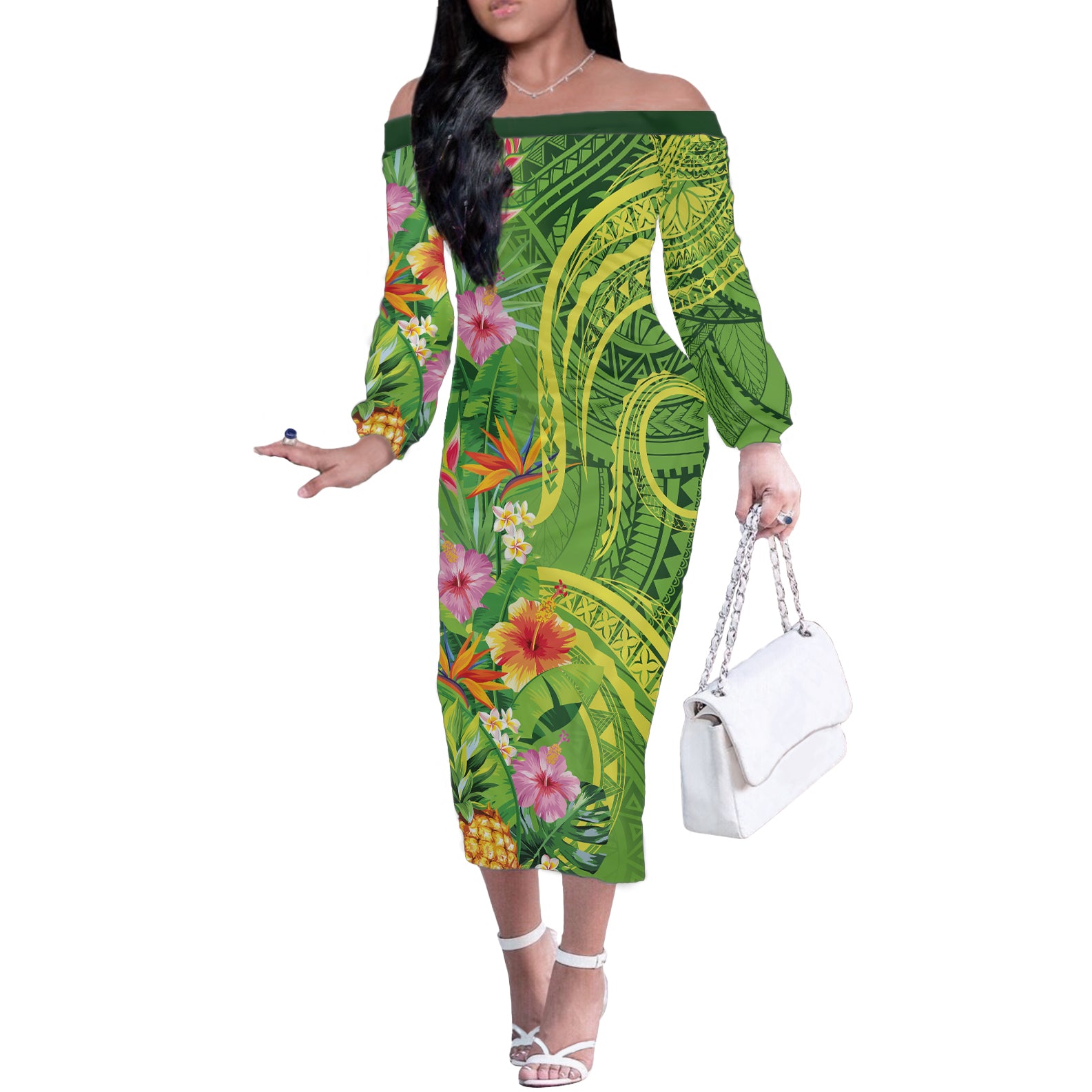 Polynesian Tribal Flower Tattoo Off The Shoulder Long Sleeve Dress Special Lime Green Vibe