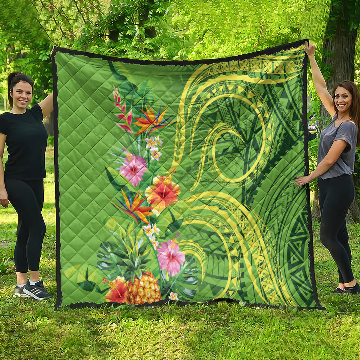 Polynesian Tribal Flower Tattoo Quilt Special Lime Green Vibe