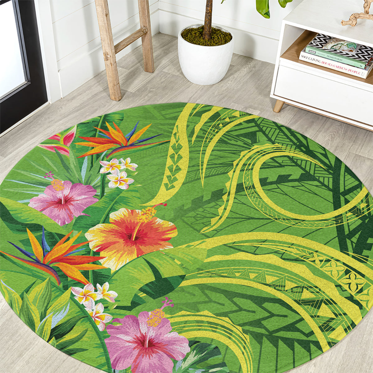 Polynesian Tribal Flower Tattoo Round Carpet Special Lime Green Vibe