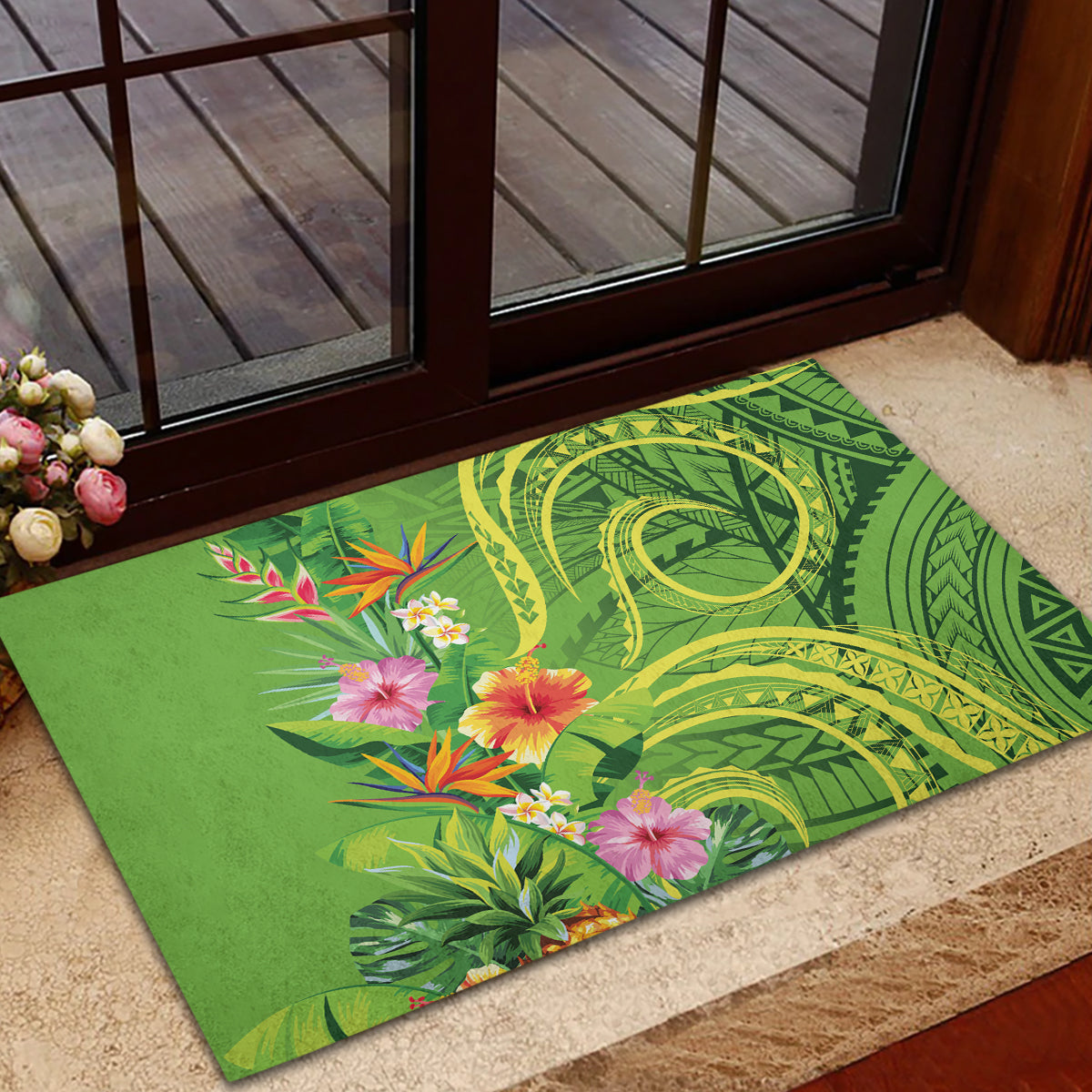 Polynesian Tribal Flower Tattoo Rubber Doormat Special Lime Green Vibe LT9 - Polynesian Pride