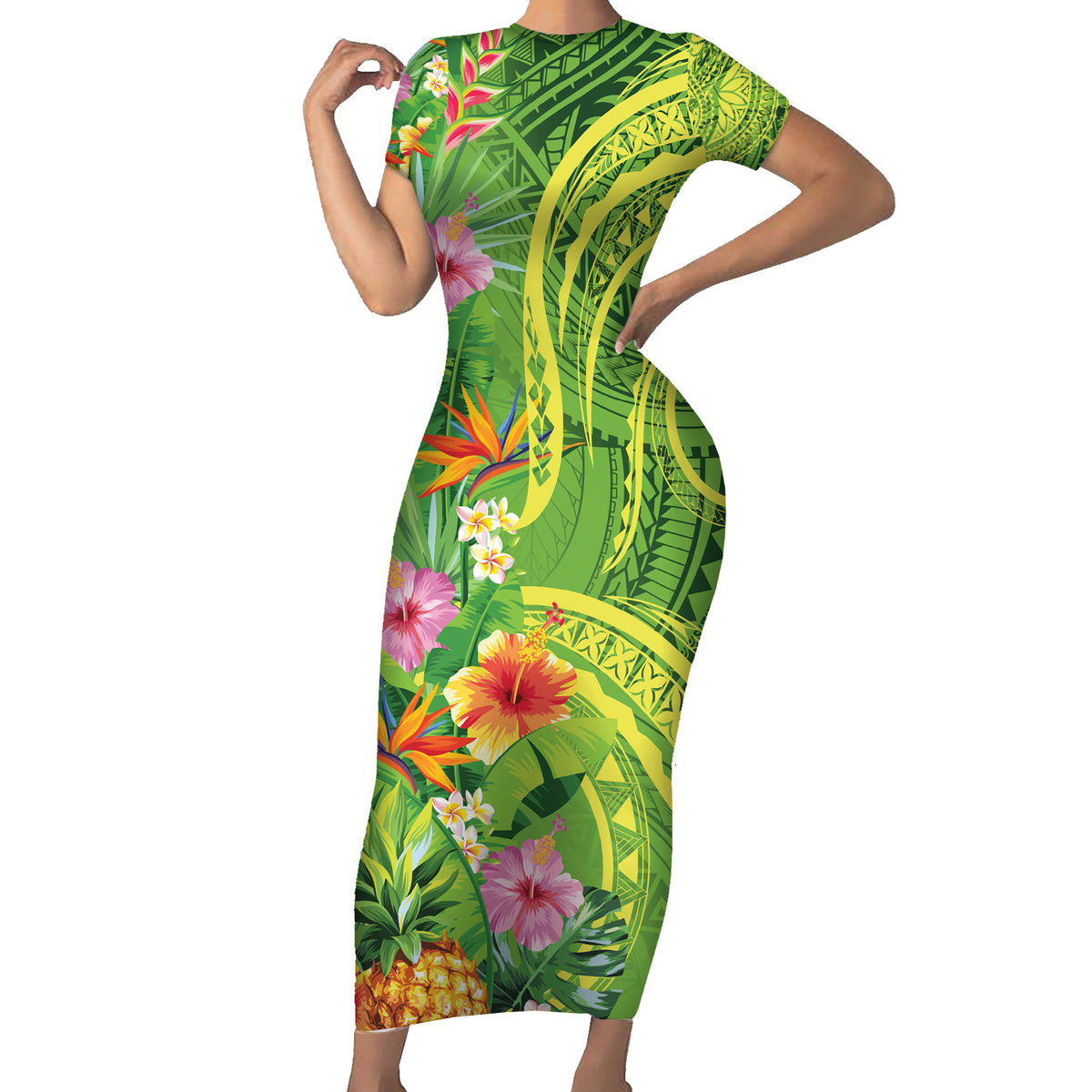 Polynesian Tribal Flower Tattoo Short Sleeve Bodycon Dress Special Lime Green Vibe