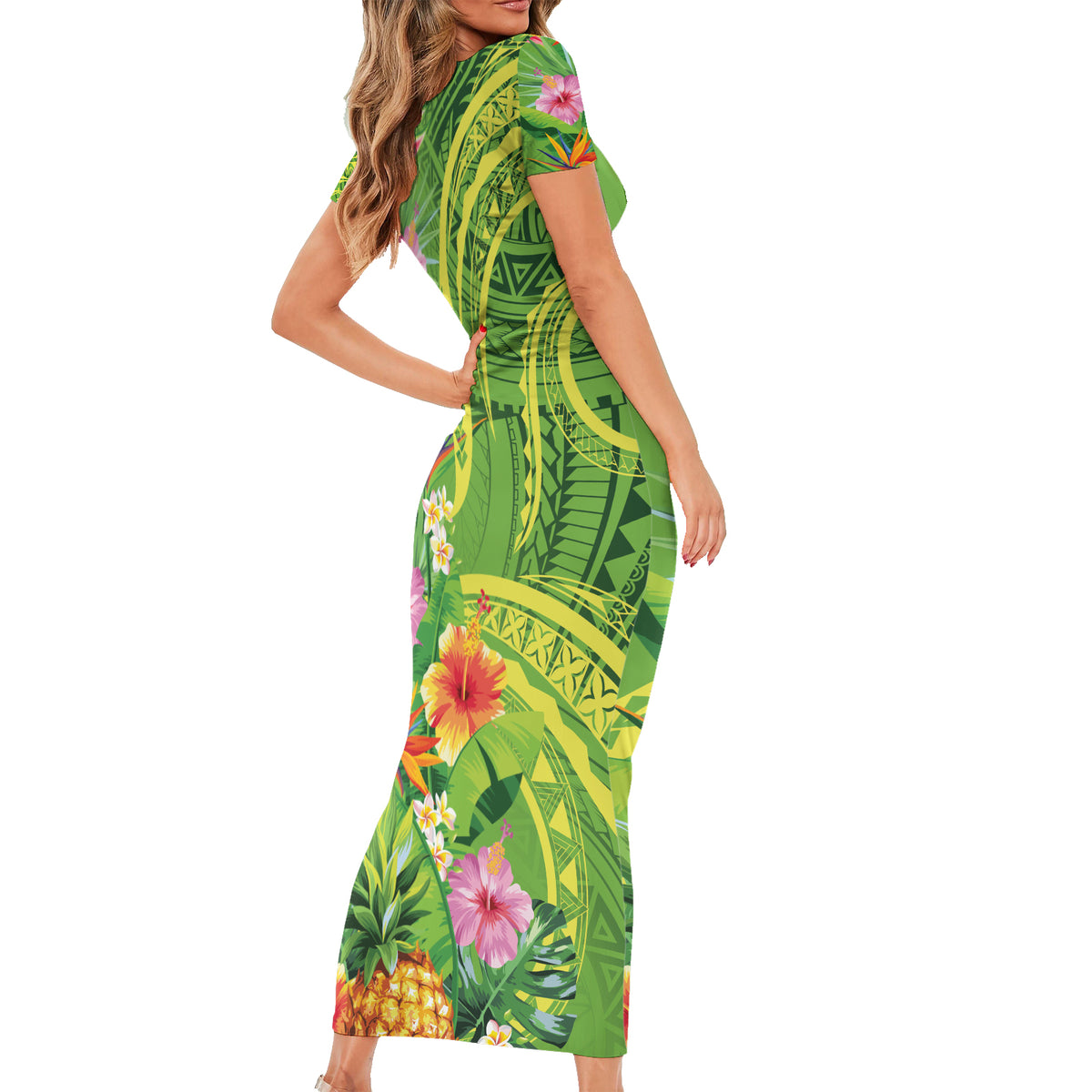 Polynesian Tribal Flower Tattoo Short Sleeve Bodycon Dress Special Lime Green Vibe