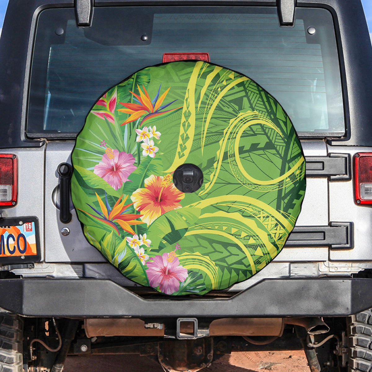 Polynesian Tribal Flower Tattoo Spare Tire Cover Special Lime Green Vibe