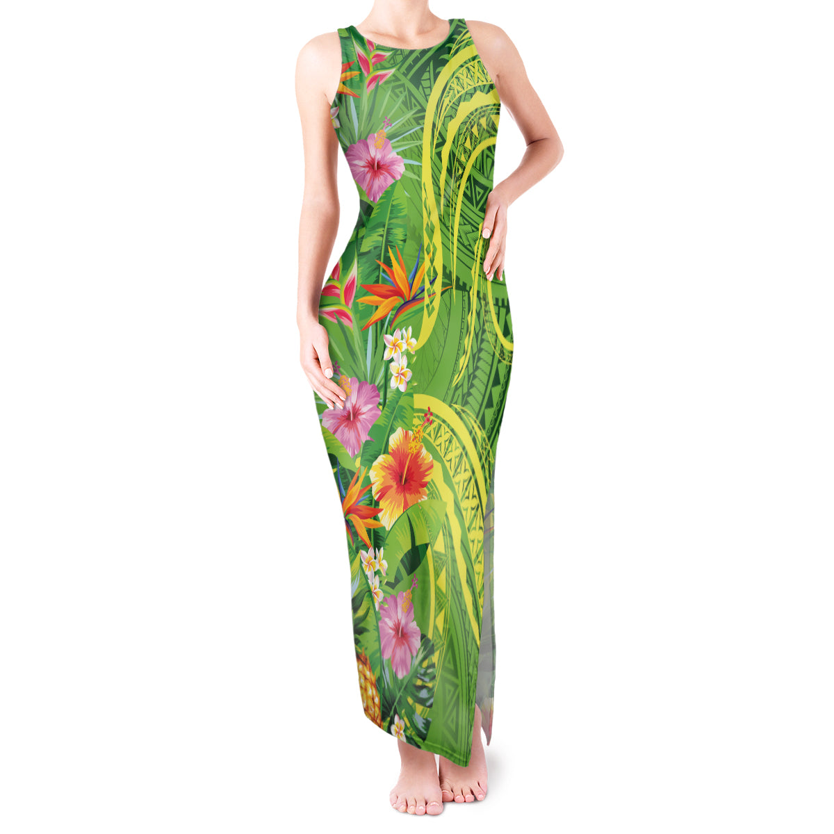 Polynesian Tribal Flower Tattoo Tank Maxi Dress Special Lime Green Vibe