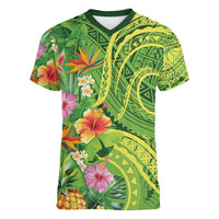 Polynesian Tribal Flower Tattoo Women V Neck T Shirt Special Lime Green Vibe