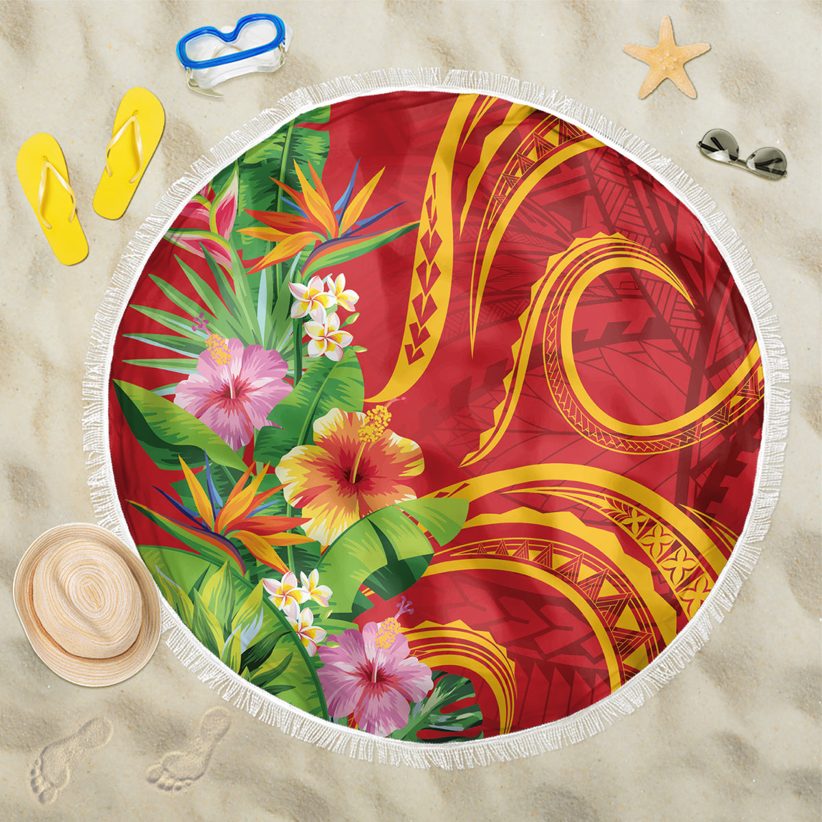 Polynesian Tribal Flower Tattoo Beach Blanket Special Vermilion Vibe LT9 One Size 150cm Brownish-red - Polynesian Pride