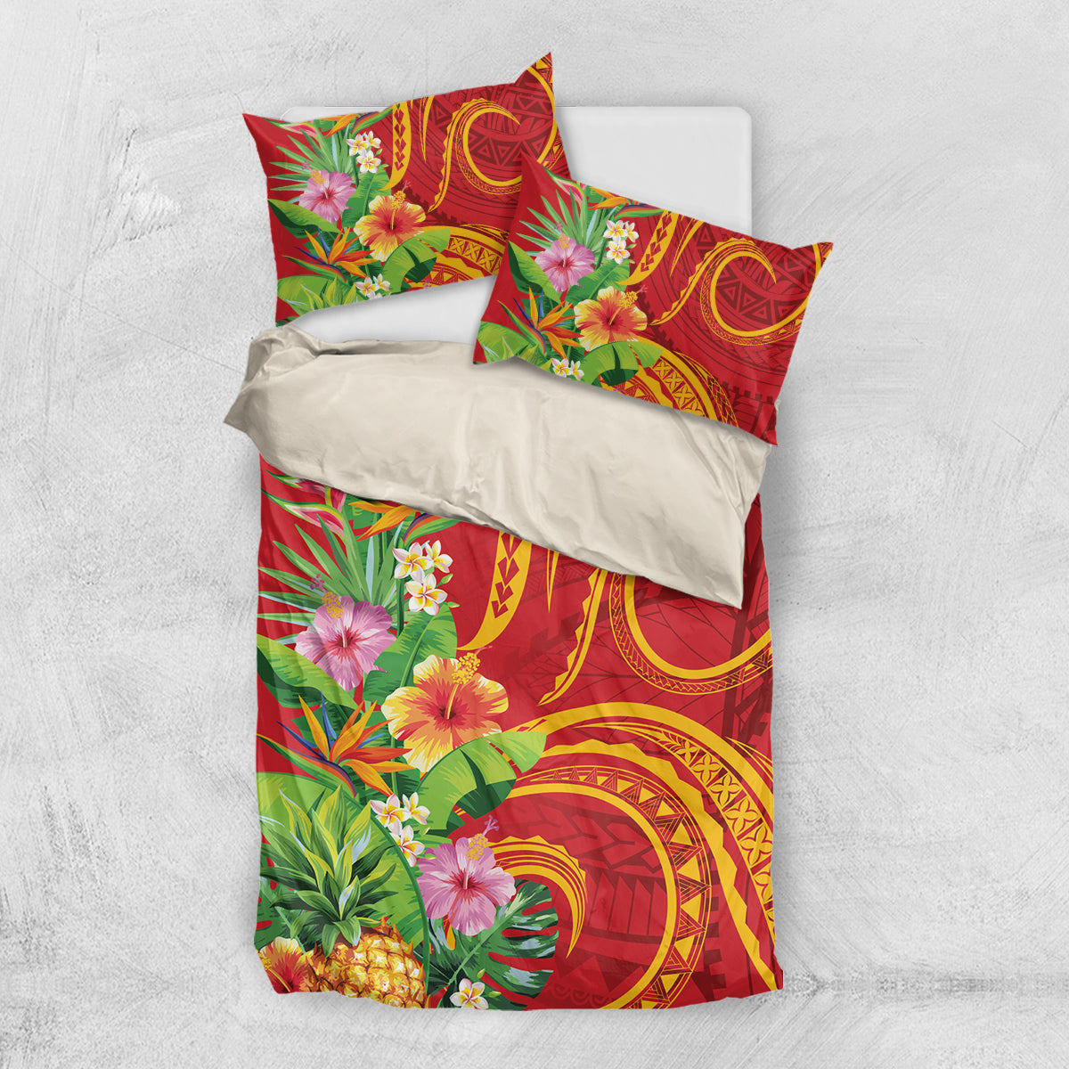 Polynesian Tribal Flower Tattoo Bedding Set Special Vermilion Vibe LT9 US Twin 172cm x 218cm Brownish-red - Polynesian Pride