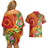 Polynesian Tribal Flower Tattoo Couples Matching Off Shoulder Short Dress and Hawaiian Shirt Special Vermilion Vibe