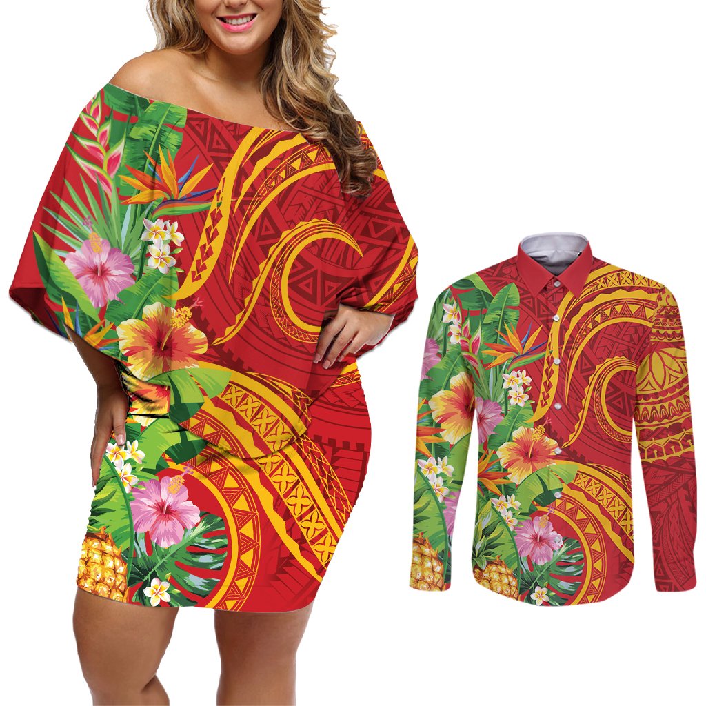 Polynesian Tribal Flower Tattoo Couples Matching Off Shoulder Short Dress and Long Sleeve Button Shirt Special Vermilion Vibe