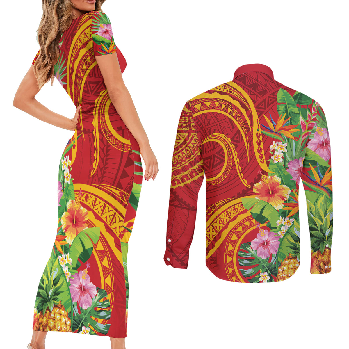 Polynesian Tribal Flower Tattoo Couples Matching Short Sleeve Bodycon Dress and Long Sleeve Button Shirt Special Vermilion Vibe