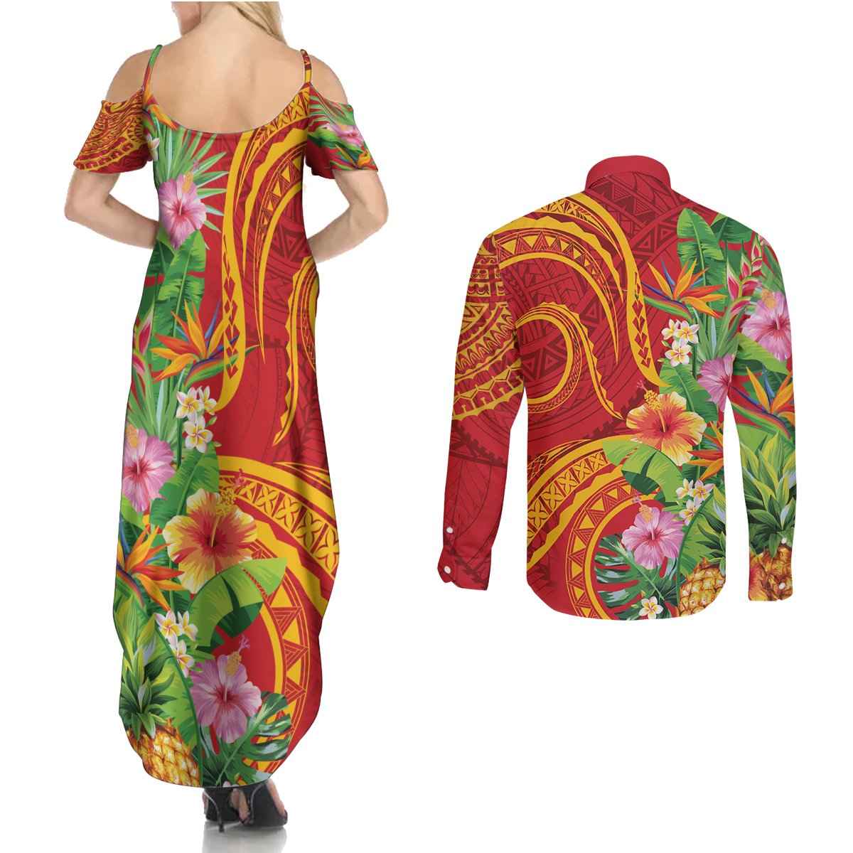 Polynesian Tribal Flower Tattoo Couples Matching Summer Maxi Dress and Long Sleeve Button Shirt Special Vermilion Vibe