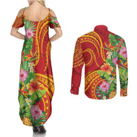Polynesian Tribal Flower Tattoo Couples Matching Summer Maxi Dress and Long Sleeve Button Shirt Special Vermilion Vibe