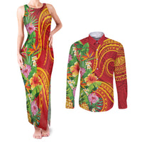 Polynesian Tribal Flower Tattoo Couples Matching Tank Maxi Dress and Long Sleeve Button Shirt Special Vermilion Vibe