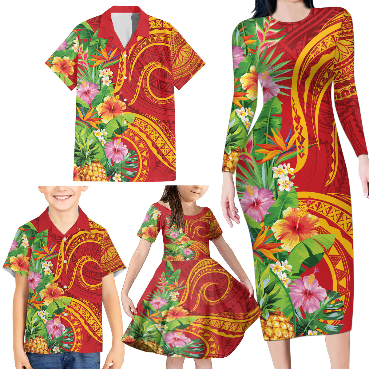 Polynesian Tribal Flower Tattoo Family Matching Long Sleeve Bodycon Dress and Hawaiian Shirt Special Vermilion Vibe