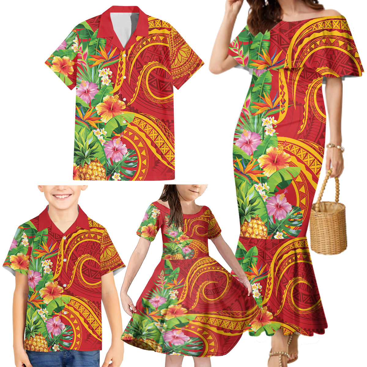 Polynesian Tribal Flower Tattoo Family Matching Mermaid Dress and Hawaiian Shirt Special Vermilion Vibe