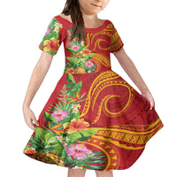 Polynesian Tribal Flower Tattoo Family Matching Off The Shoulder Long Sleeve Dress and Hawaiian Shirt Special Vermilion Vibe LT9 Daughter's Dress Brownish-red - Polynesian Pride