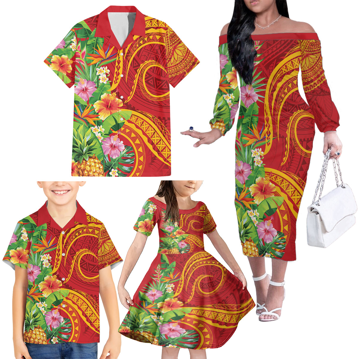 Polynesian Tribal Flower Tattoo Family Matching Off The Shoulder Long Sleeve Dress and Hawaiian Shirt Special Vermilion Vibe