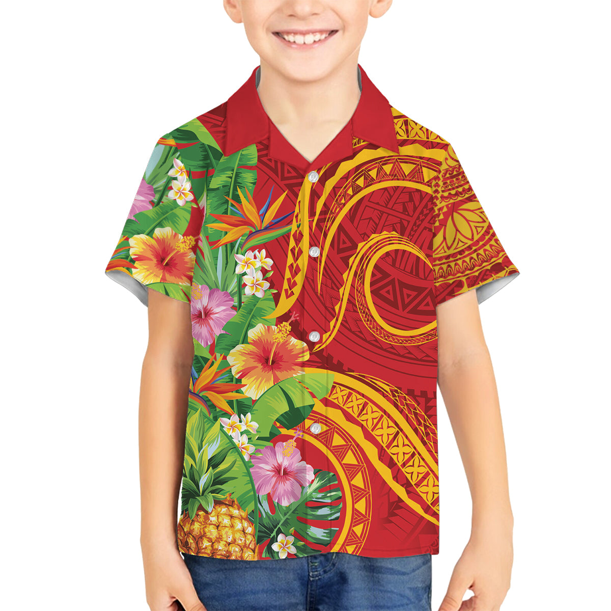 Polynesian Tribal Flower Tattoo Family Matching Off The Shoulder Long Sleeve Dress and Hawaiian Shirt Special Vermilion Vibe LT9 Son's Shirt Brownish-red - Polynesian Pride
