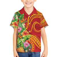 Polynesian Tribal Flower Tattoo Family Matching Off The Shoulder Long Sleeve Dress and Hawaiian Shirt Special Vermilion Vibe LT9 Son's Shirt Brownish-red - Polynesian Pride