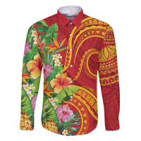 Polynesian Tribal Flower Tattoo Family Matching Off Shoulder Maxi Dress and Hawaiian Shirt Special Vermilion Vibe