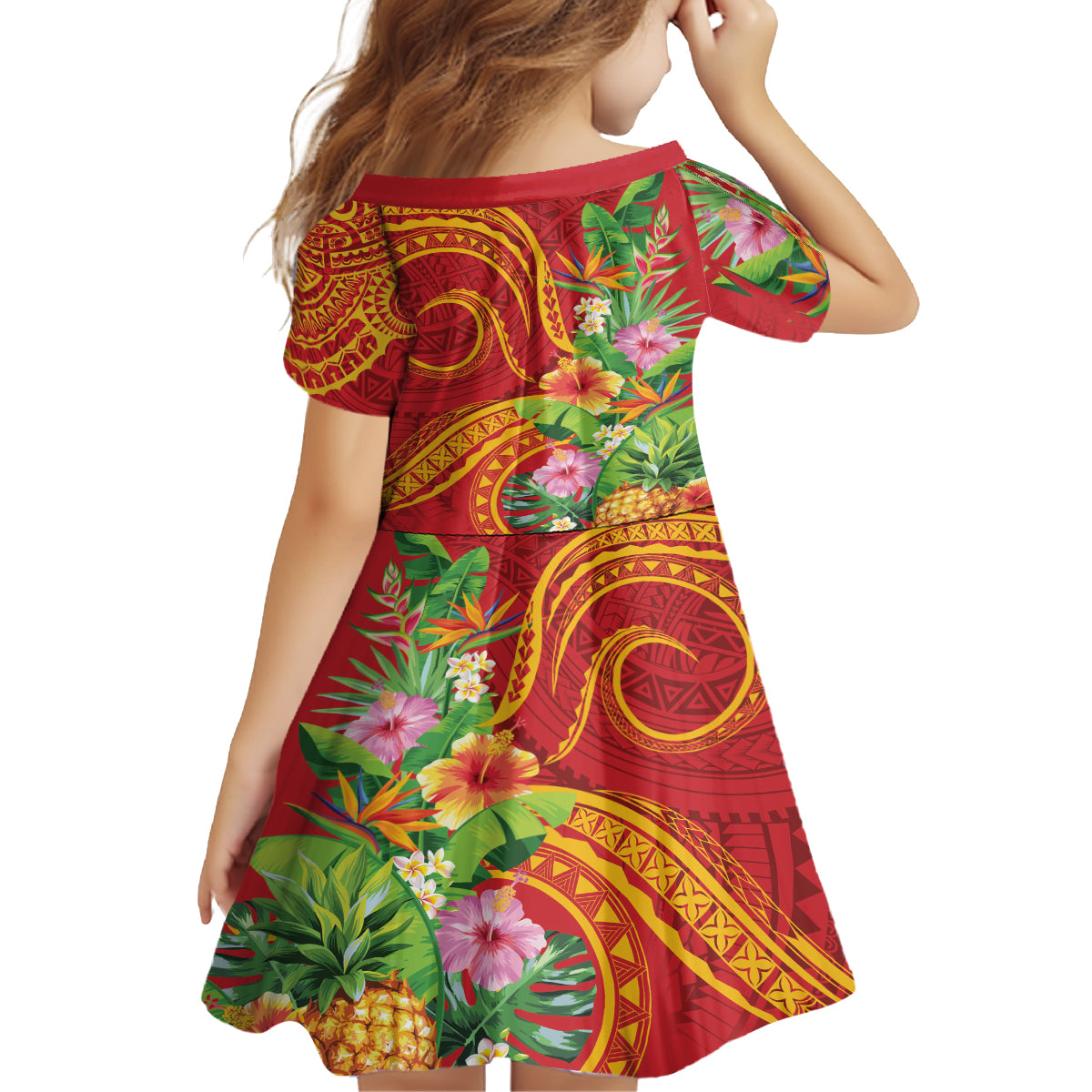 Polynesian Tribal Flower Tattoo Family Matching Off Shoulder Short Dress and Hawaiian Shirt Special Vermilion Vibe