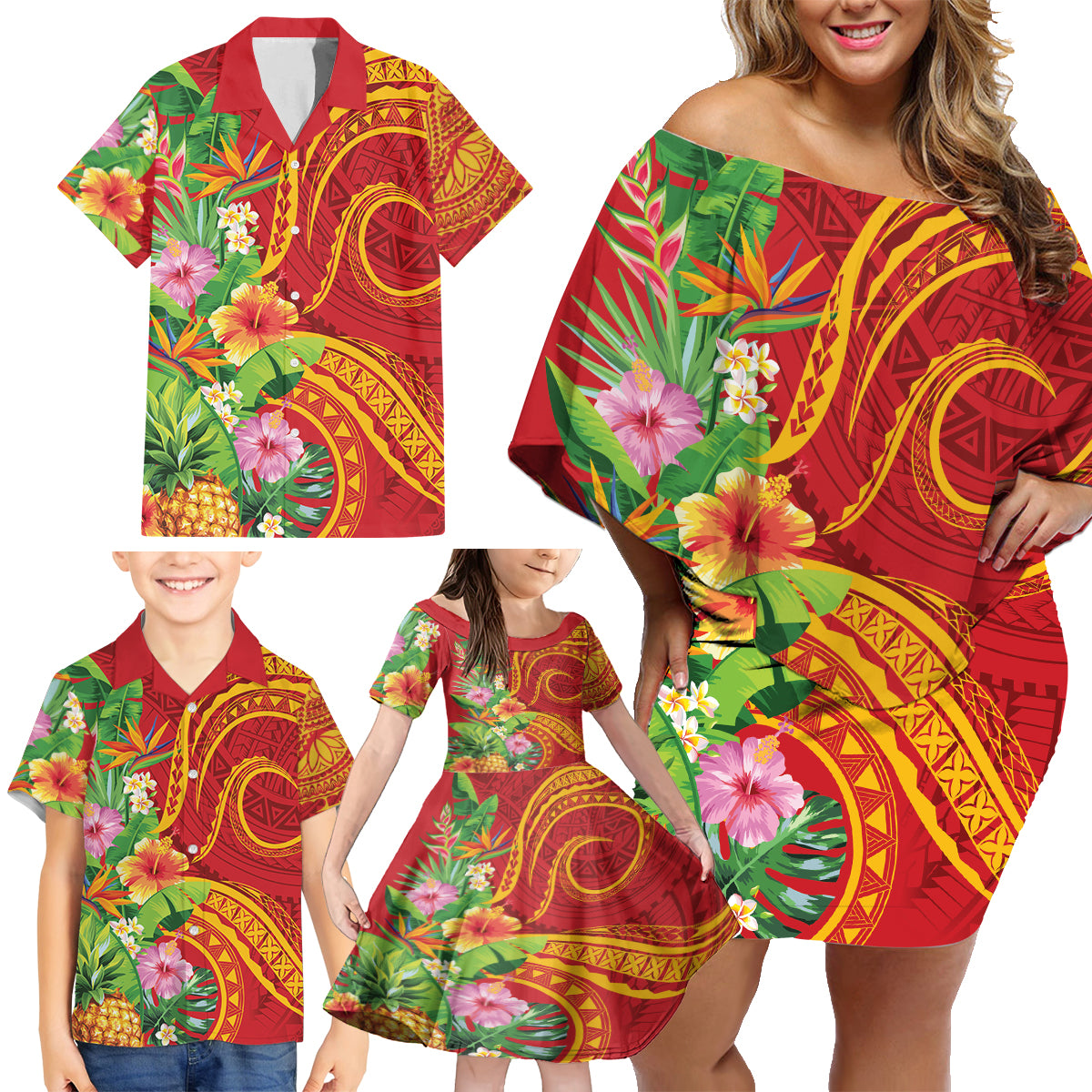 Polynesian Tribal Flower Tattoo Family Matching Off Shoulder Short Dress and Hawaiian Shirt Special Vermilion Vibe