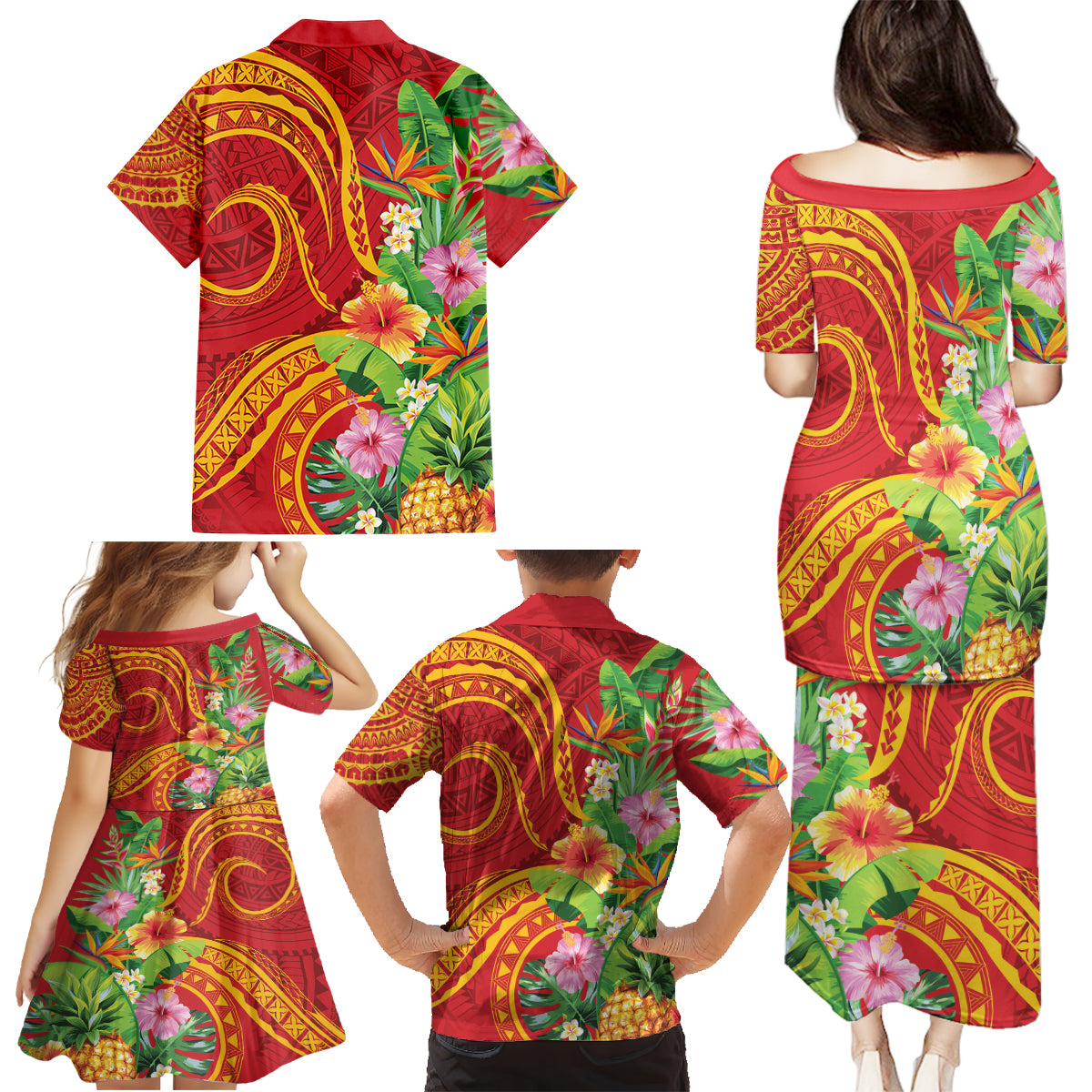 Polynesian Tribal Flower Tattoo Family Matching Puletasi and Hawaiian Shirt Special Vermilion Vibe