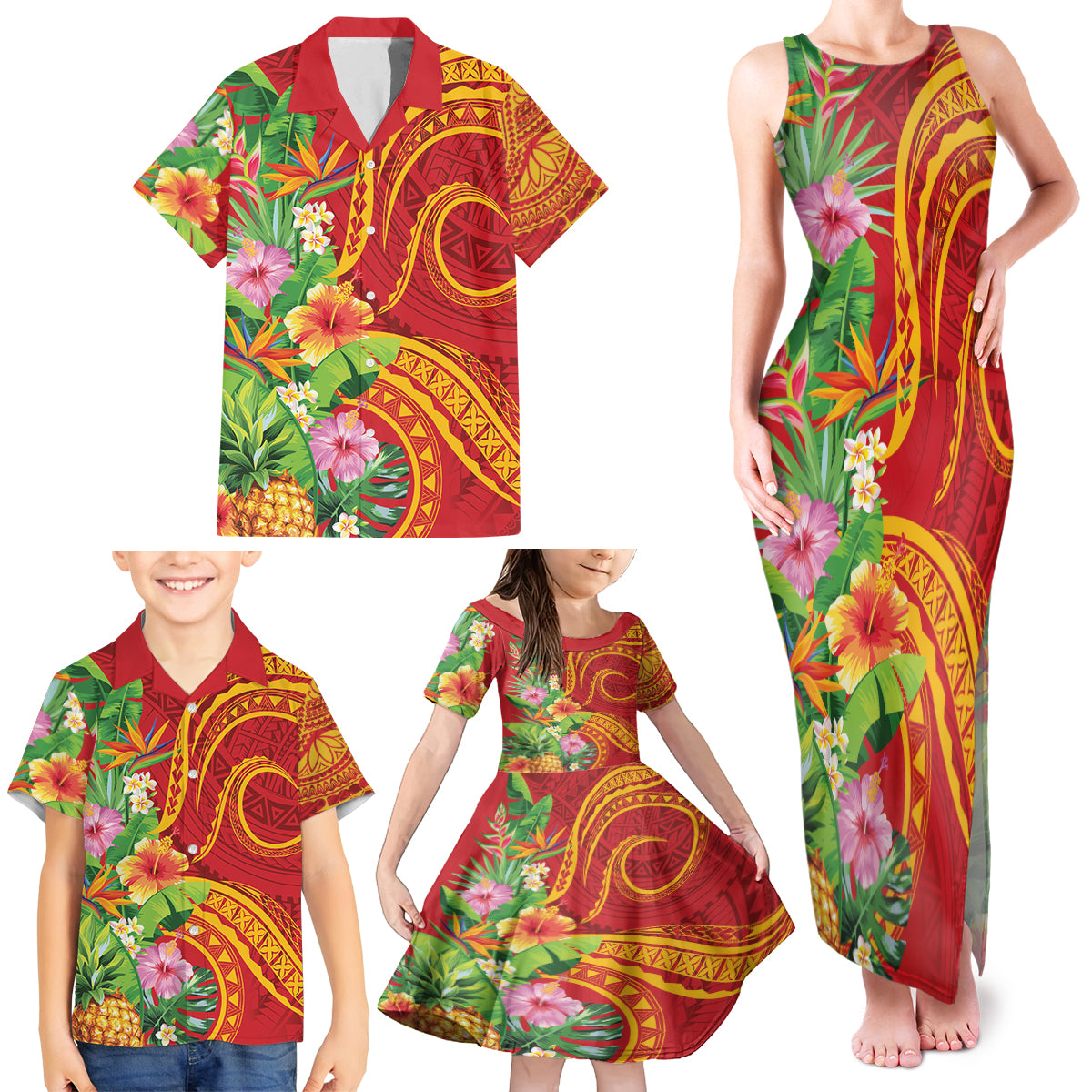 Polynesian Tribal Flower Tattoo Family Matching Tank Maxi Dress and Hawaiian Shirt Special Vermilion Vibe