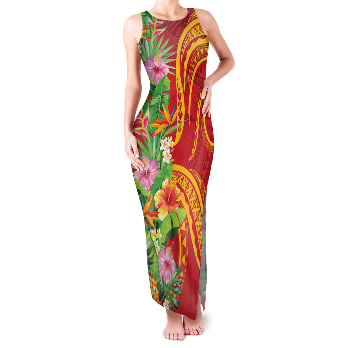 Polynesian Tribal Flower Tattoo Family Matching Tank Maxi Dress and Hawaiian Shirt Special Vermilion Vibe