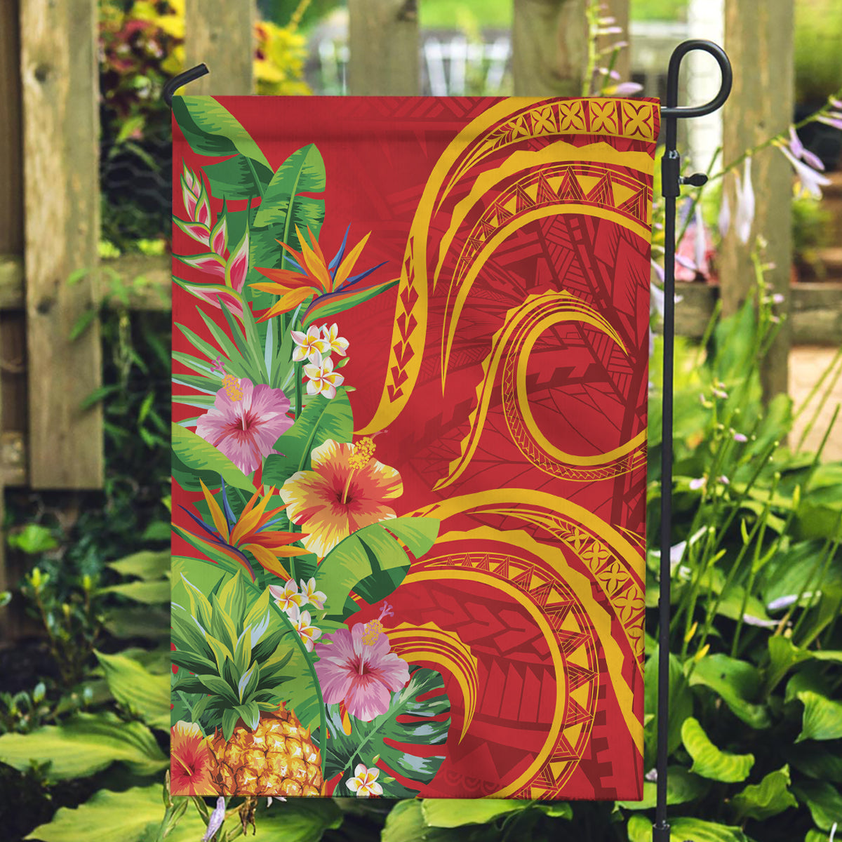Polynesian Tribal Flower Tattoo Garden Flag Special Vermilion Vibe LT9 Garden Flag Brownish-red - Polynesian Pride