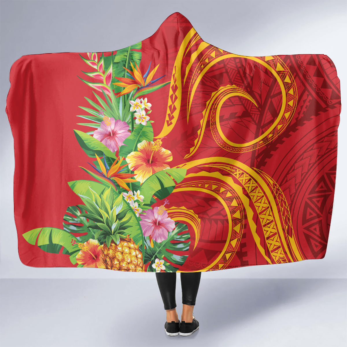 Polynesian Tribal Flower Tattoo Hooded Blanket Special Vermilion Vibe LT9 - Polynesian Pride