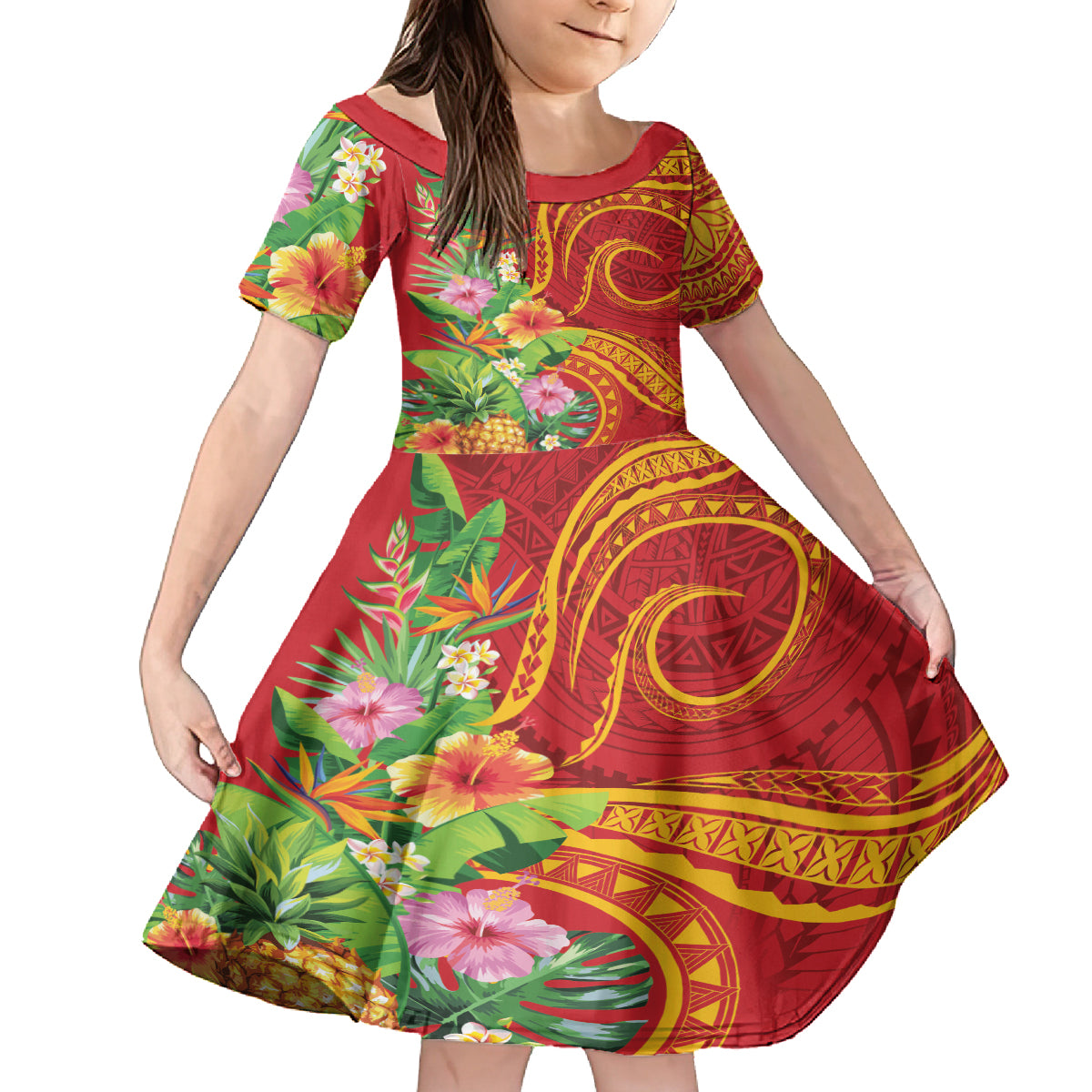 Polynesian Tribal Flower Tattoo Kid Short Sleeve Dress Special Vermilion Vibe